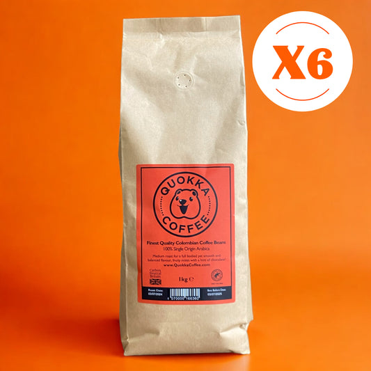 Quokka Coffee Whole Bean, Medium Roast - 1 KG x 6 (6KG) - 100% Colombian Coffee