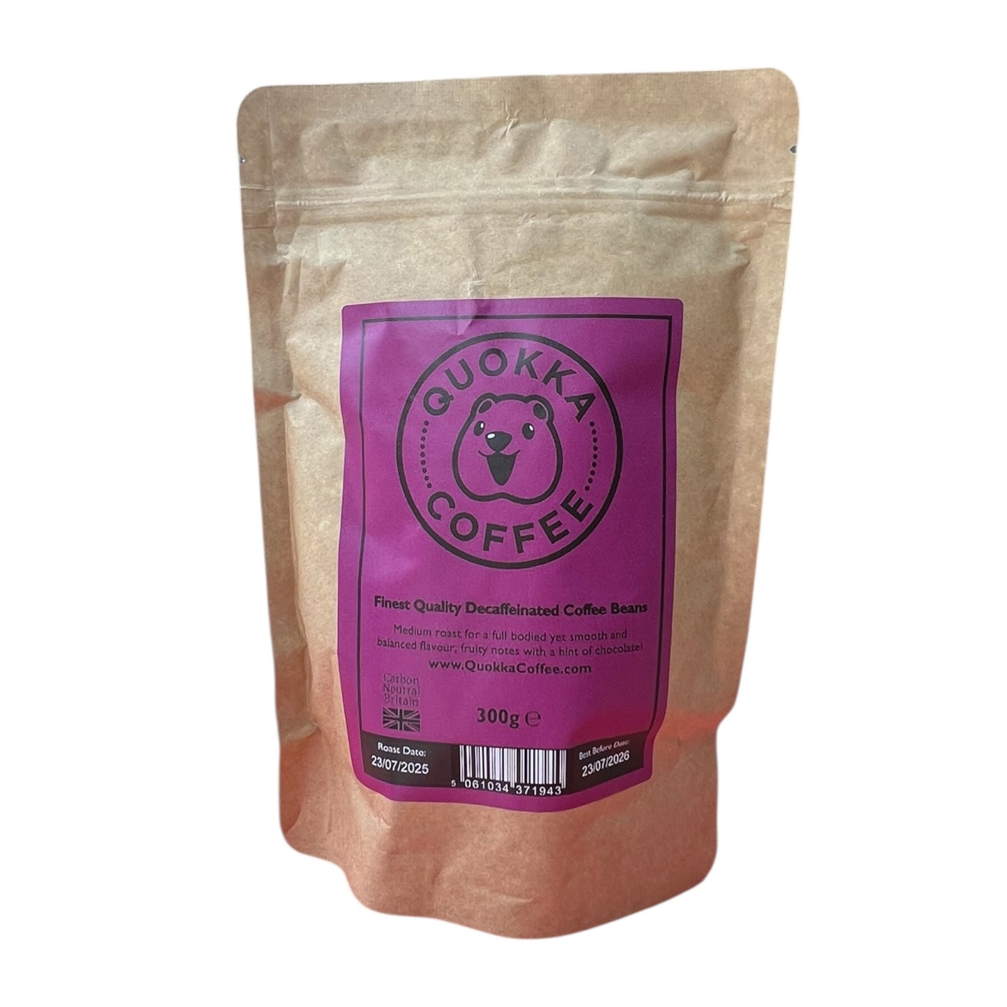 Quokka Coffee 'Decaf' Whole Bean Coffee 300g – Vietnamese Decaffeinated Coffee Beans | Carbon Neutral Coffee - Smooth, Rich & Naturally Bold