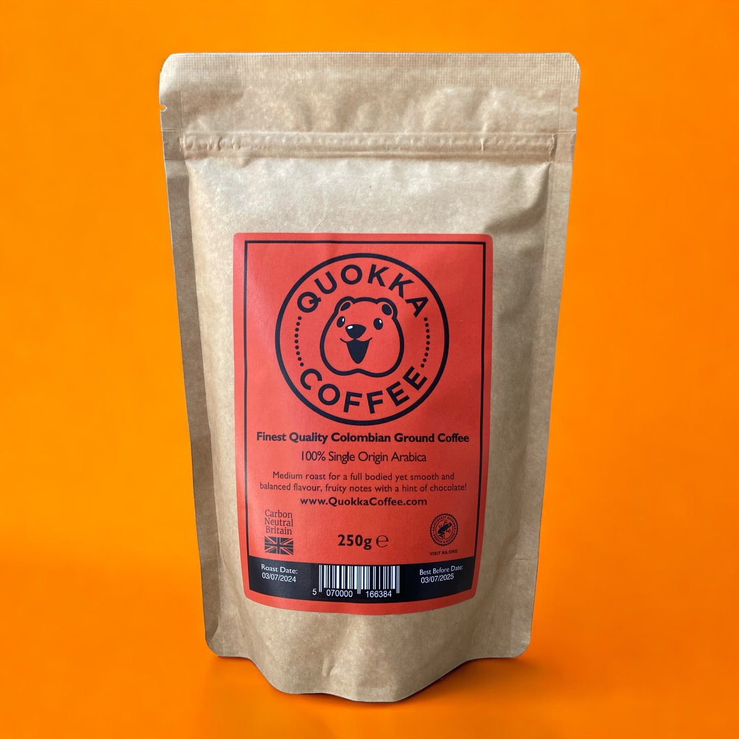 (CASE - 24 x 250g) Quokka Coffee 250g Fresh Ground Coffee, Medium Roast 100% Colombian Coffee